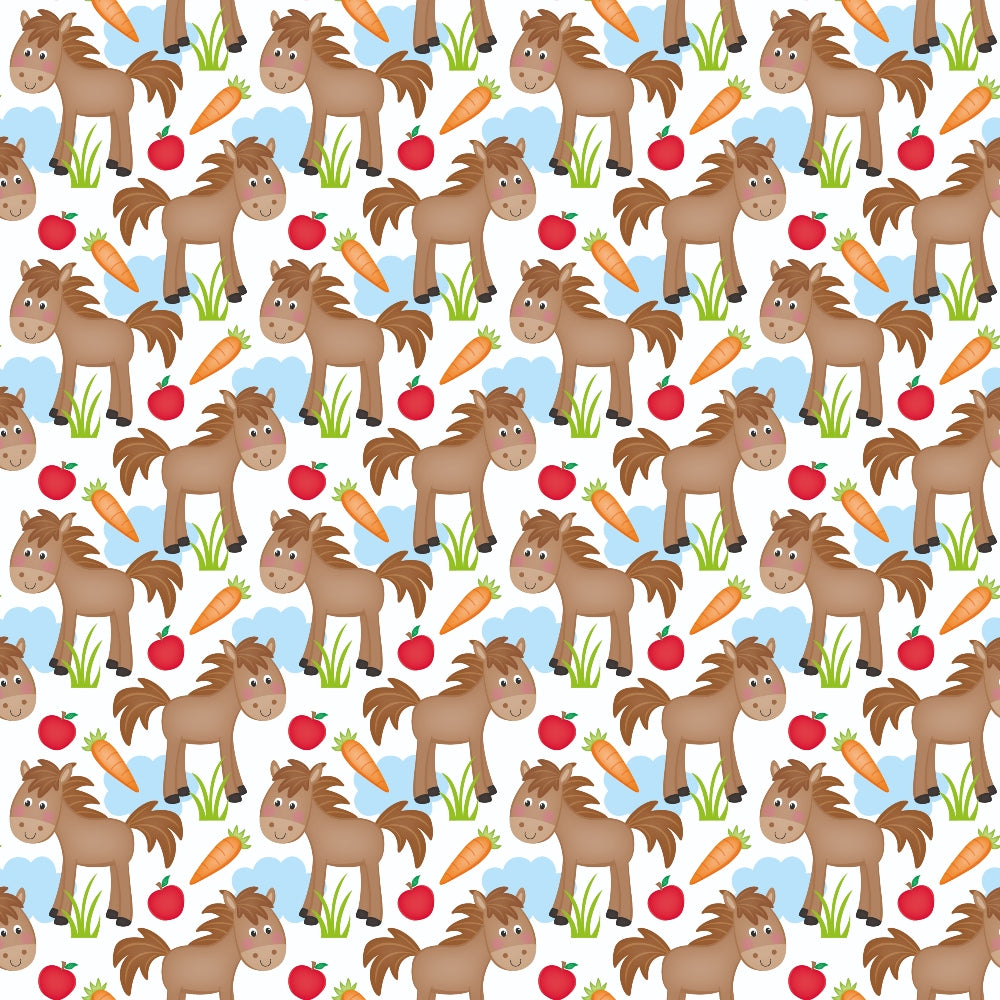 Pattern of cartoon horses with carrots, apples, and grass on a white background.