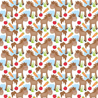 Pattern of cartoon horses with carrots, apples, and grass on a white background.