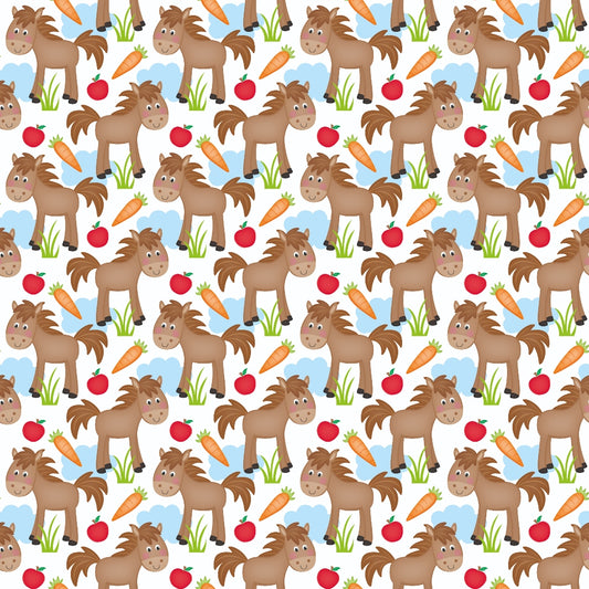 Pattern of cartoon horses with carrots, apples, and grass on a white background.