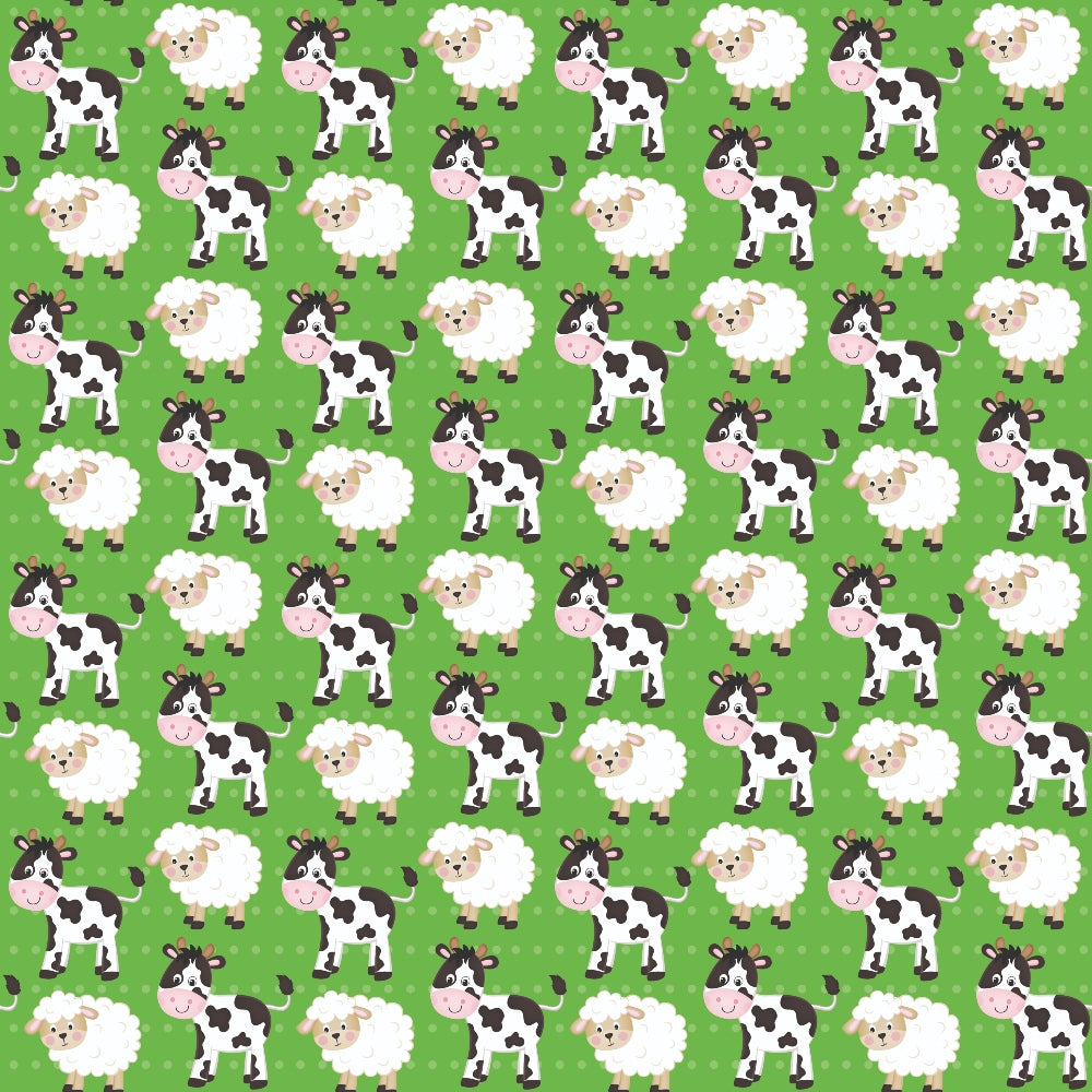 Pattern of cartoon cows and sheep on a green background.