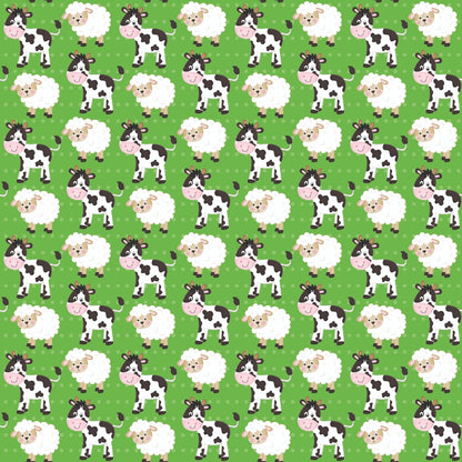 Pattern of cartoon cows and sheep on a green background.