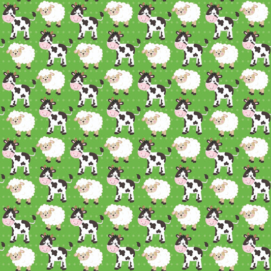 Pattern of cartoon cows and sheep on a green background.