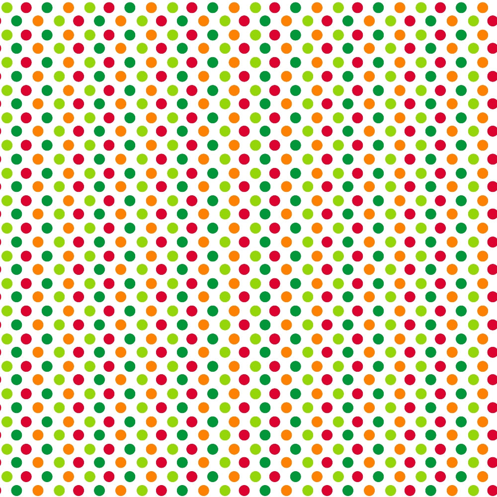 Pattern of evenly spaced, multicolored dots (red, orange, yellow, green, blue) on a white background.