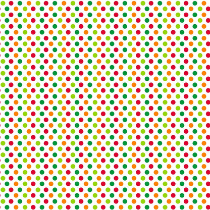 Pattern of evenly spaced, multicolored dots (red, orange, yellow, green, blue) on a white background.