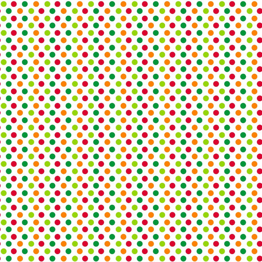 Pattern of evenly spaced, multicolored dots (red, orange, yellow, green, blue) on a white background.