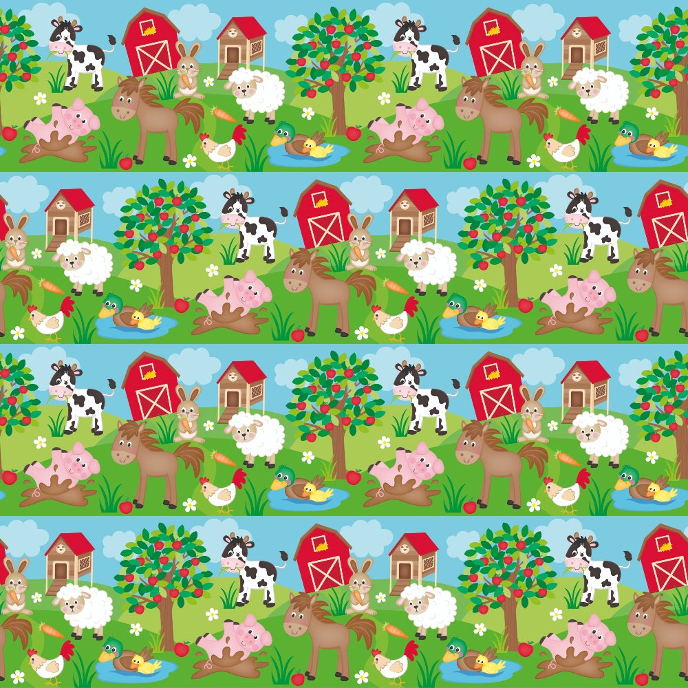 Pattern of farm scenes featuring a red barn, cow, pig, horse, duck, chicken, and a tree with apples on a green field under a blue sky with clouds.