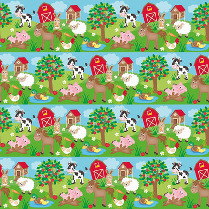 Pattern of farm scenes featuring a red barn, cow, pig, horse, duck, chicken, and a tree with apples on a green field under a blue sky with clouds.