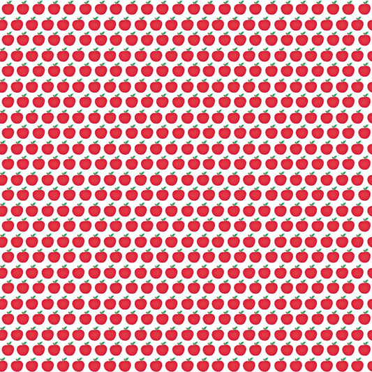 Repeating pattern of small red apples arranged in rows and columns on a white background.