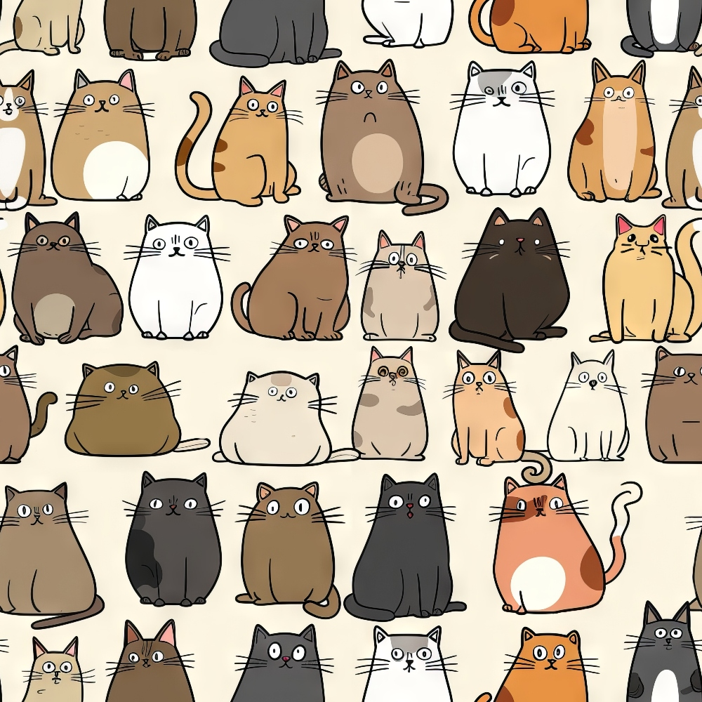 Various cartoon cats in different poses and colors are arranged in a grid pattern on a light background.