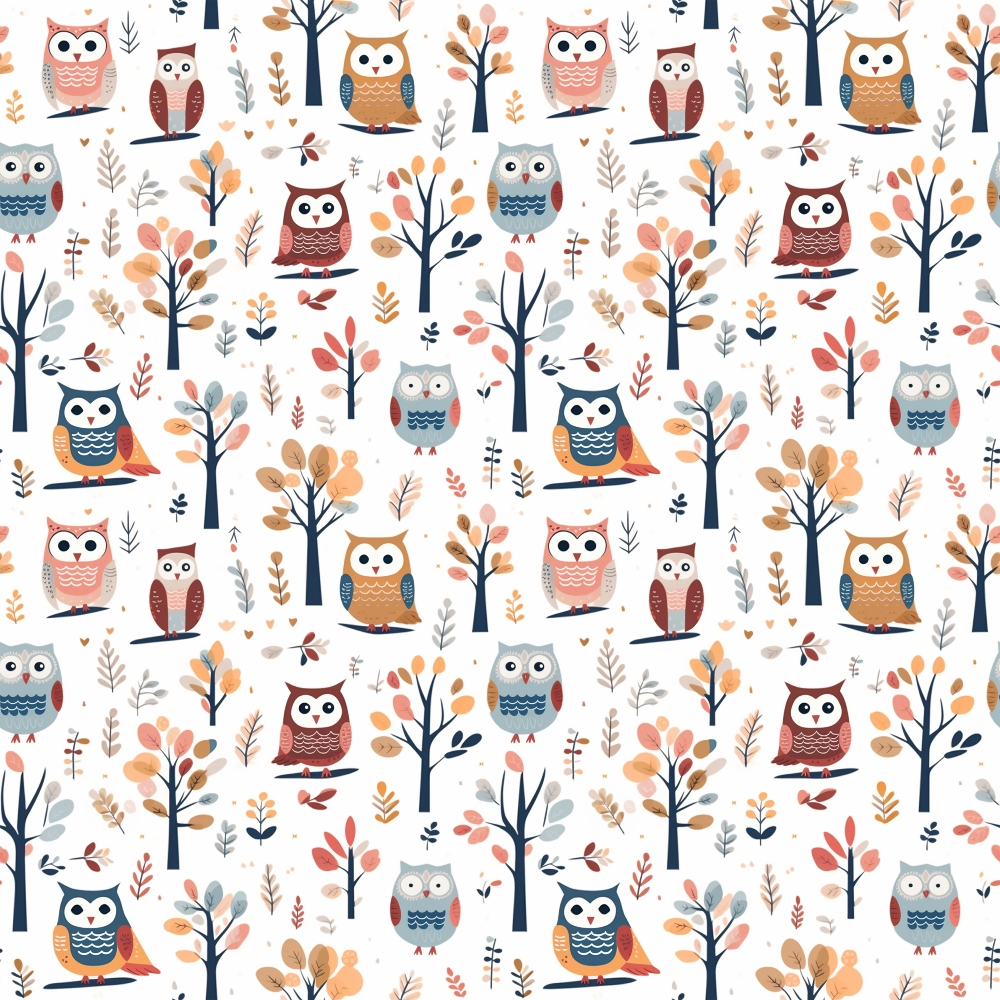 Pattern of colorful owls and trees on a light background, featuring various owl poses and seasonal foliage in pink, blue, and orange hues.