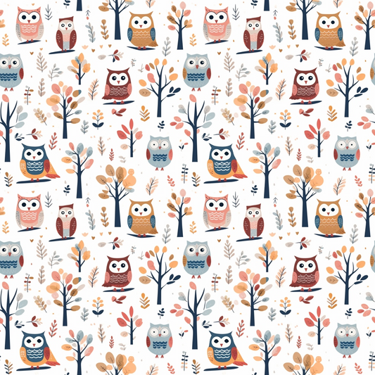 Pattern of colorful owls and trees on a light background, featuring various owl poses and seasonal foliage in pink, blue, and orange hues.