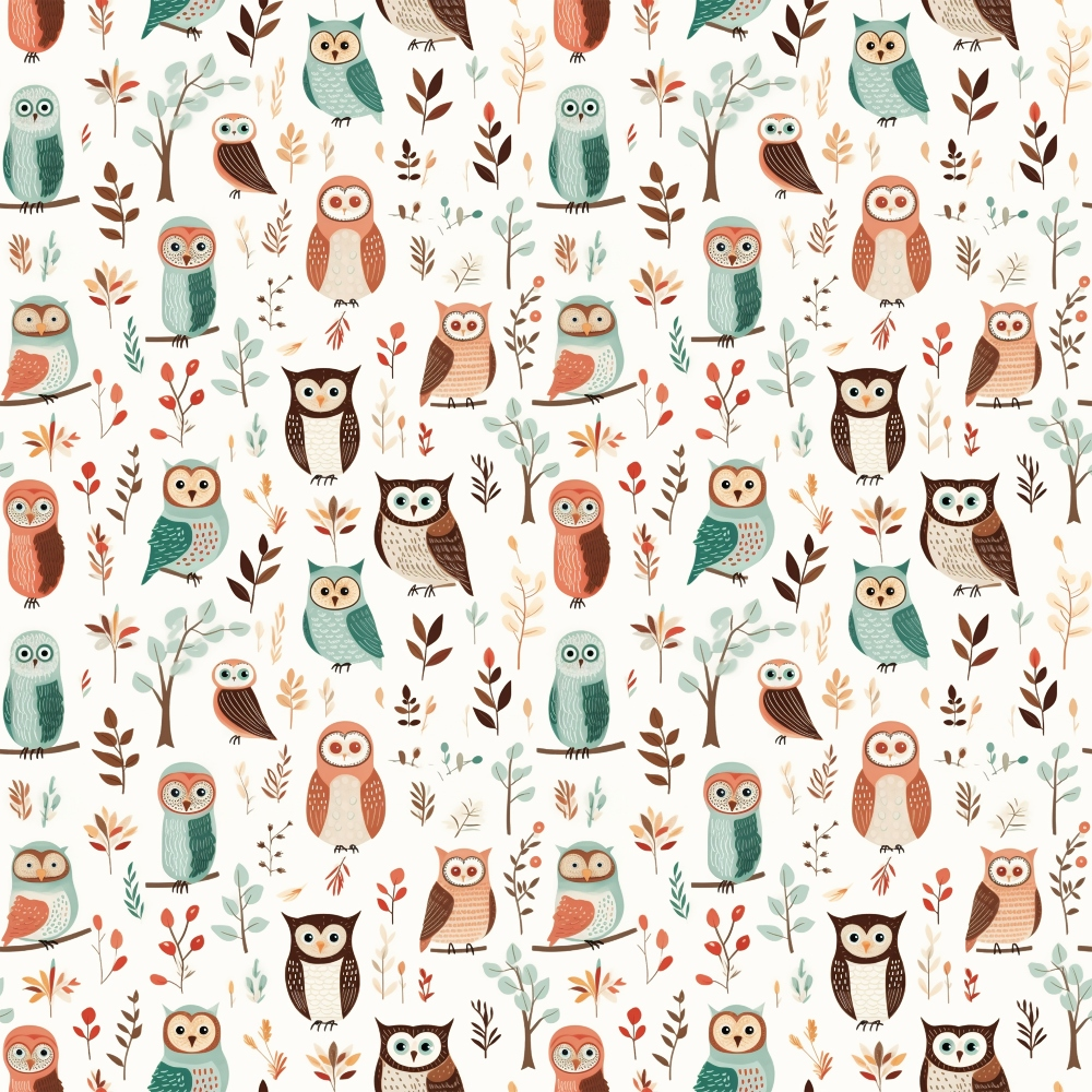 cartoon owls, quilting cotton, fabric panel, whimsical pattern, forest birds, teal green, rust orange, brown, cream, botanical elements, woodland creatures, cute animals, repeating design, children's fabric, nature theme, autumn colors, stylized illustration, craft fabric, sewing material, nursery fabric
