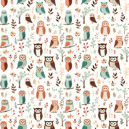 cartoon owls, quilting cotton, fabric panel, whimsical pattern, forest birds, teal green, rust orange, brown, cream, botanical elements, woodland creatures, cute animals, repeating design, children's fabric, nature theme, autumn colors, stylized illustration, craft fabric, sewing material, nursery fabric