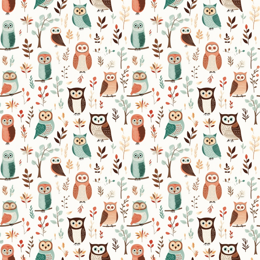 Pattern of colorful owls and leaves on a light background.