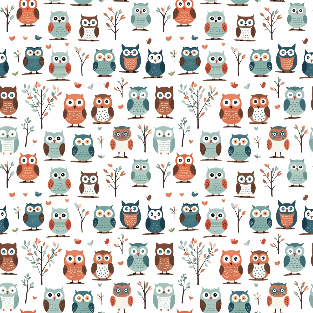 Pattern of cartoon owls in various colors and styles on a white background, interspersed with simple trees and leaves.