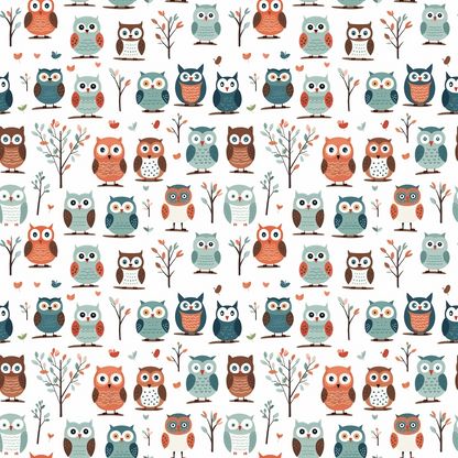 Pattern of cartoon owls in various colors and styles on a white background, interspersed with simple trees and leaves.