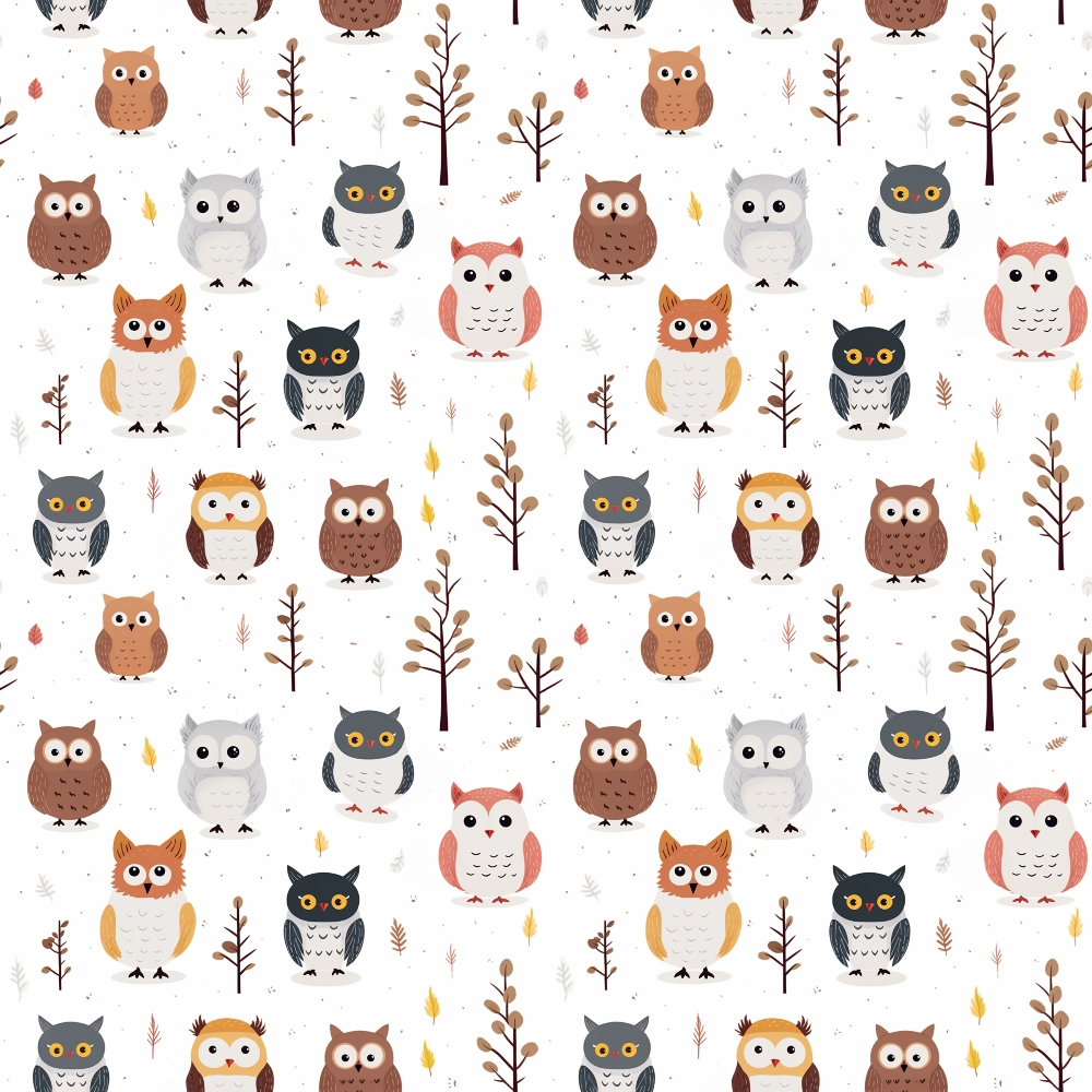 Pattern of cartoon owls in various colors and trees on a white background.