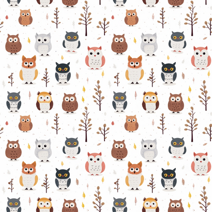 Pattern of cartoon owls in various colors and trees on a white background.