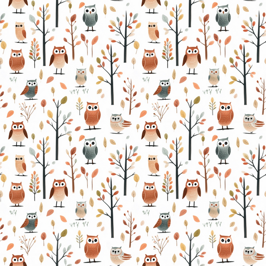 Pattern of illustrated owls and trees with orange and brown leaves on a white background.