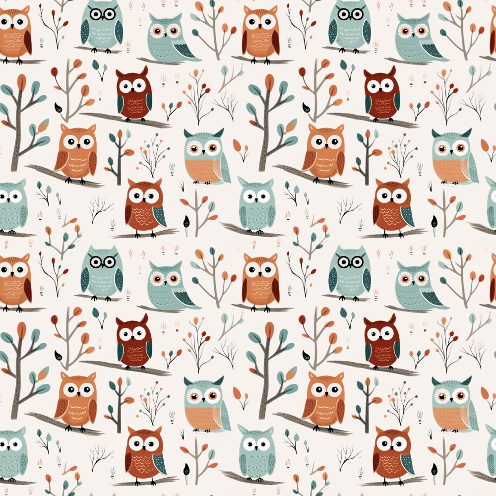 Pattern of cartoon owls in various colors perched on branches with simple leaves and small twigs, set against a light background.