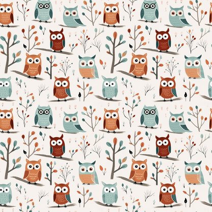 Pattern of cartoon owls in various colors perched on branches with simple leaves and small twigs, set against a light background.