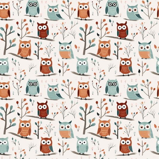 Pattern of cartoon owls in various colors perched on branches with simple leaves and small twigs, set against a light background.