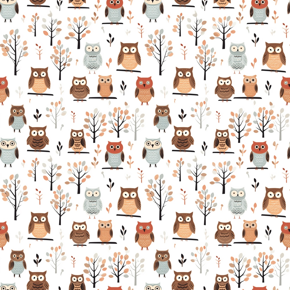 Pattern of cartoon owls and trees on a white background. The owls are in shades of brown, orange, and gray, with black branches and sparse leaves.