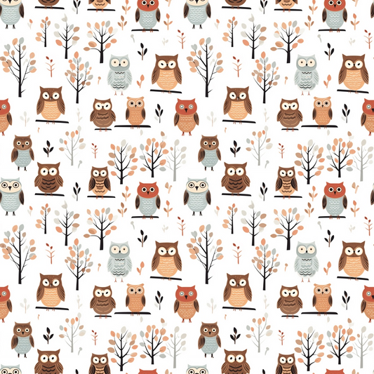 Pattern of cartoon owls and trees on a white background. The owls are in shades of brown, orange, and gray, with black branches and sparse leaves.