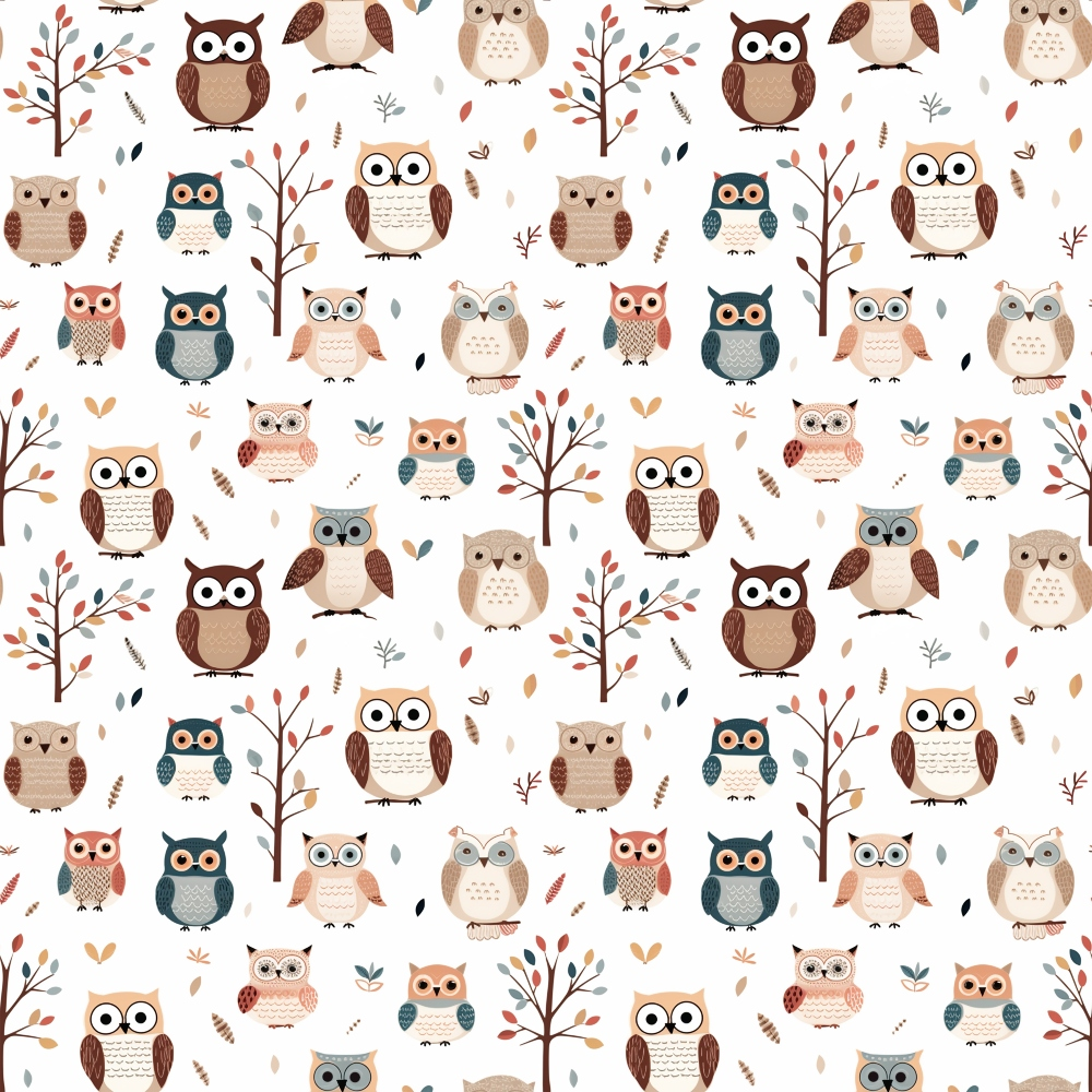 Pattern with various cartoon owls and trees on a white background. The design includes brown, tan, and blue owls, with small foliage and acorns interspersed.