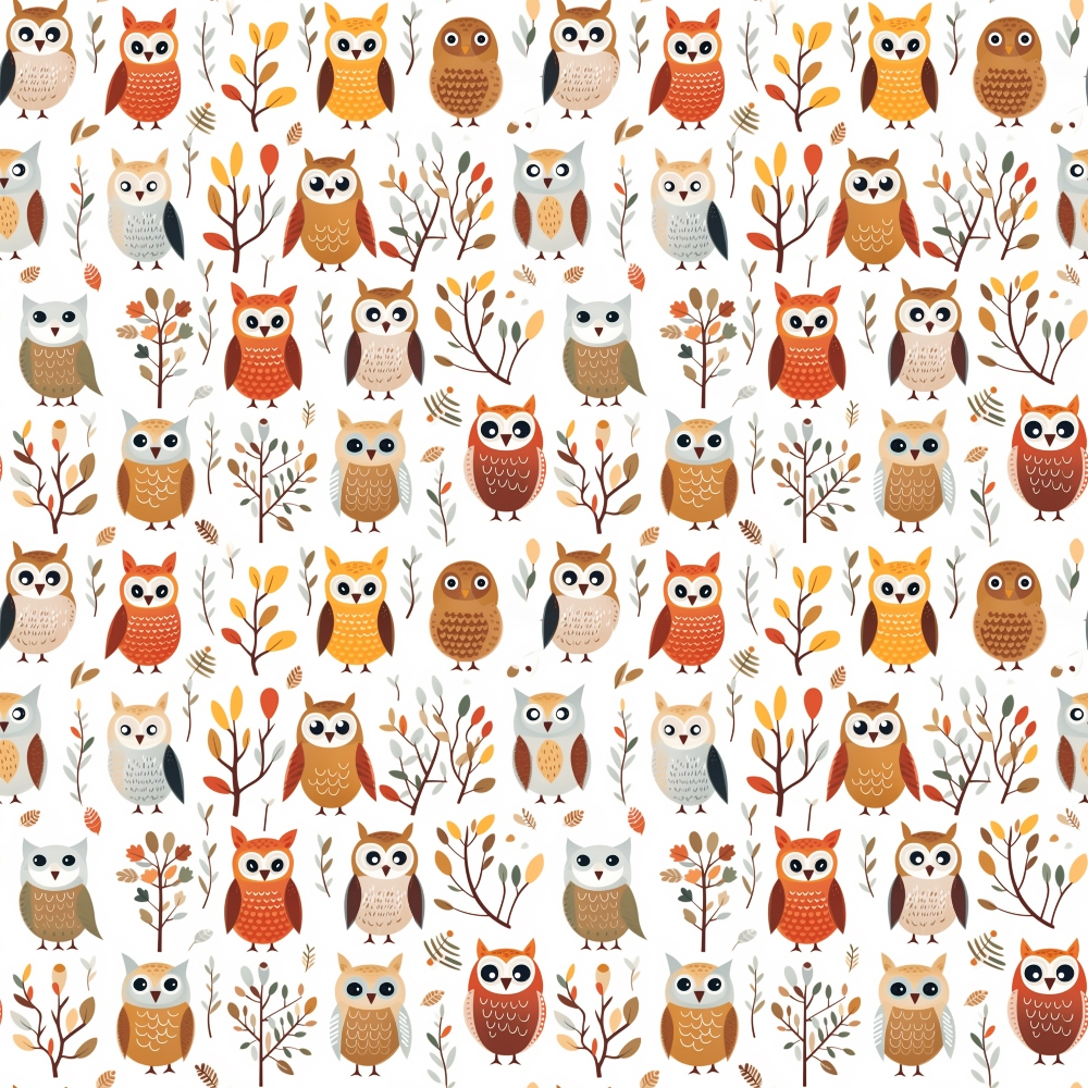 Pattern of colorful owls and branches on a white background. Owls vary in shades of brown, orange, and gray, interspersed with autumnal leaves and berries.