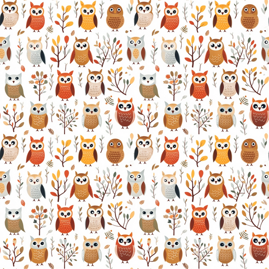 Pattern of colorful owls and branches on a white background. Owls vary in shades of brown, orange, and gray, interspersed with autumnal leaves and berries.