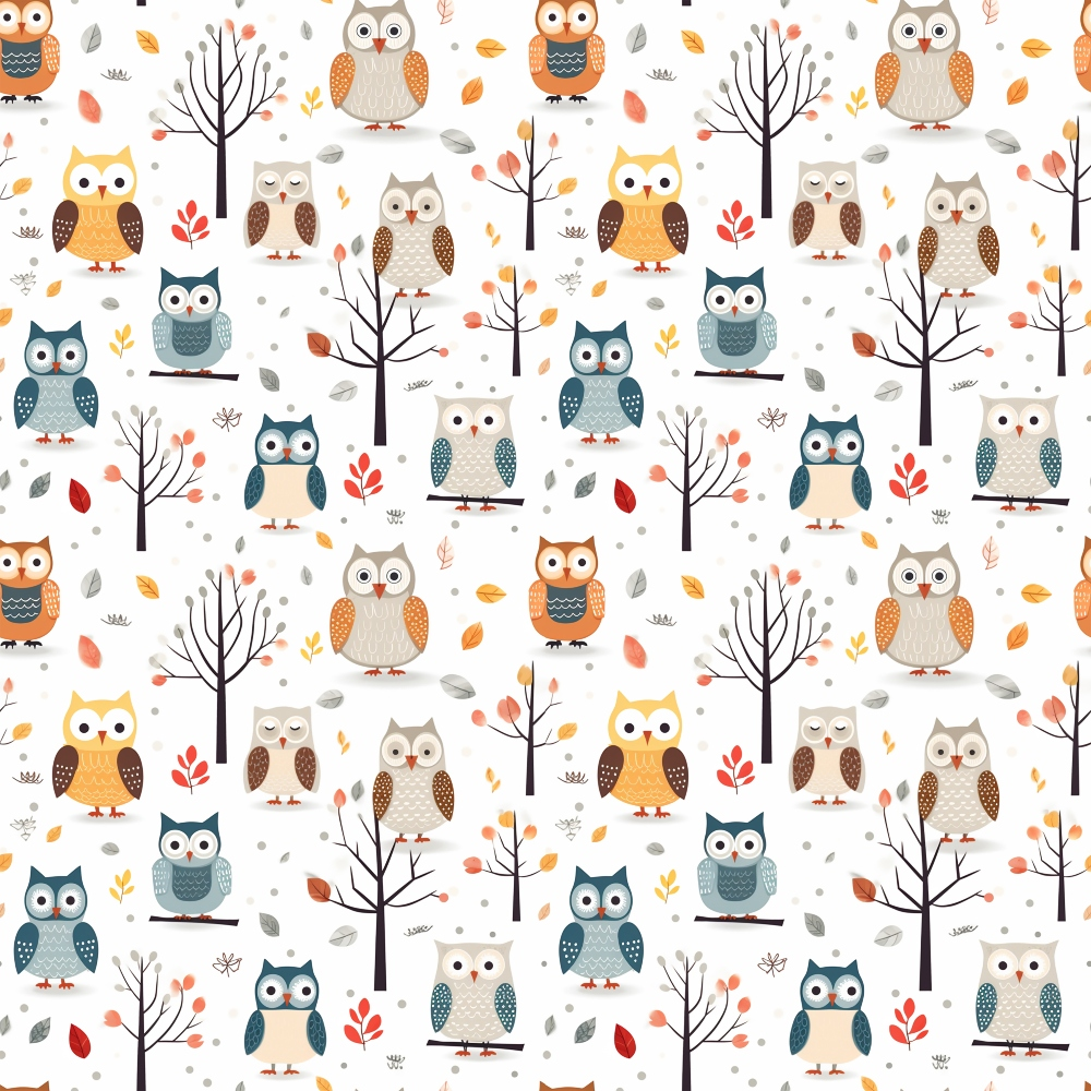 Pattern of cartoon owls and bare trees with scattered leaves in autumn colors on a white background.