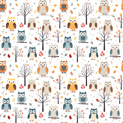 Pattern of cartoon owls and bare trees with scattered leaves in autumn colors on a white background.