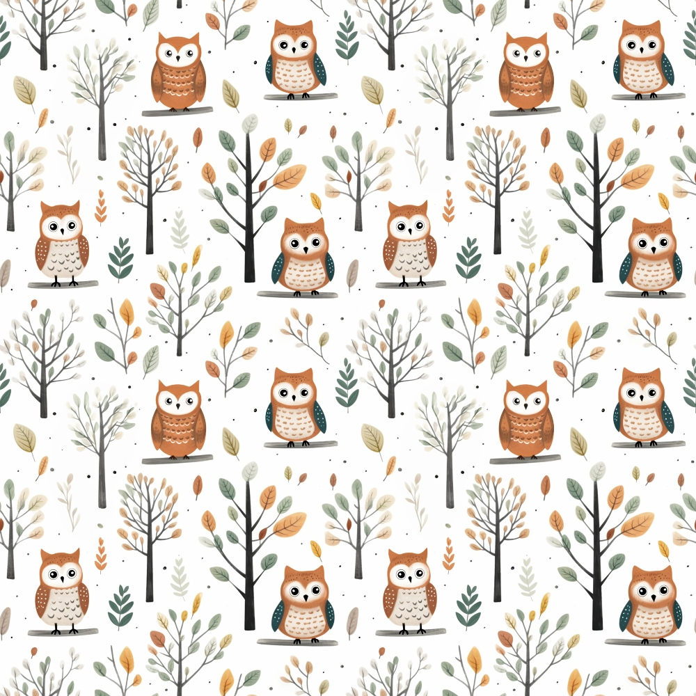 Pattern of cartoon owls and trees with autumn leaves on a white background.