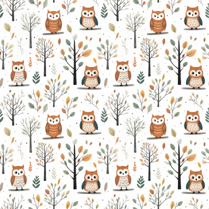 Pattern of cartoon owls and trees with autumn leaves on a white background.