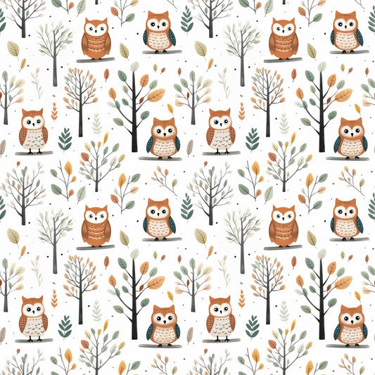 Pattern of cartoon owls and trees with autumn leaves on a white background.