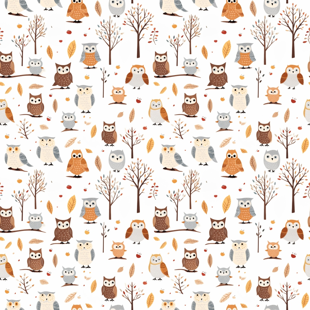 Pattern of various cartoon owls, trees, and leaves on a white background, featuring different owl species and bare trees.