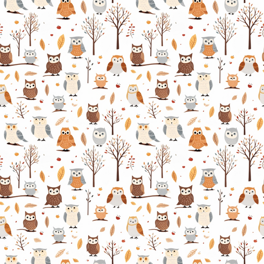 Pattern of various cartoon owls, trees, and leaves on a white background, featuring different owl species and bare trees.