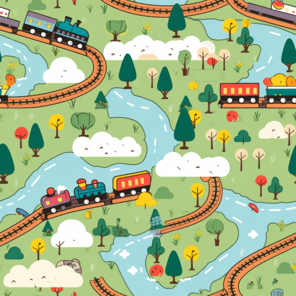 cartoon trains, green background, blue river, colorful trees, railway tracks, locomotive, train cars, whimsical illustration, white clouds, red accents, yellow trees, orange rails, quilting cotton, fabric panel, children's theme, playful design, transportation motif, curved tracks, pastoral landscape, cheerful colors