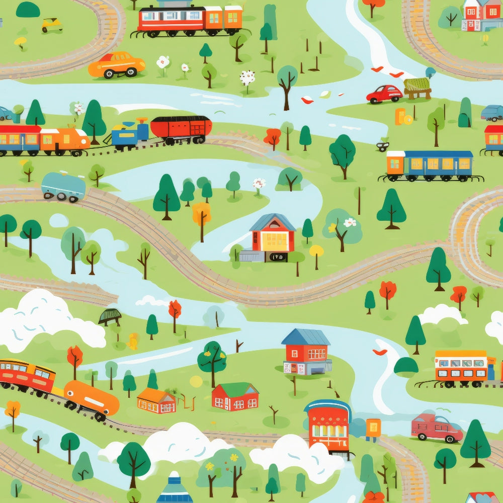 cartoon trains, quilting cotton, fabric panel, green landscape, red trains, orange vehicles, blue river, winding railway tracks, children's pattern, whimsical illustration, colorful houses, trees scattered, playful design, bright colors, transportation theme, pastoral scene, rolling hills, train cars, scenic countryside, cheerful mood