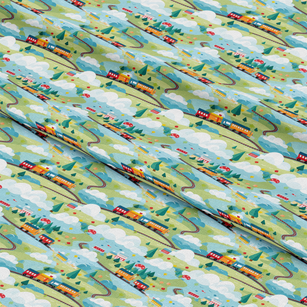 - Cartoon Trains Pattern 12 Quilting Cotton Fabric - colorful - playful - transportation - trains - locomotive - children - cotton - quilting - fabric - green - blue - red - yellow - clouds - trees - hills - scenic - fun - textile - material