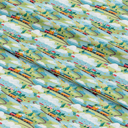 - Cartoon Trains Pattern 12 Quilting Cotton Fabric - colorful - playful - transportation - trains - locomotive - children - cotton - quilting - fabric - green - blue - red - yellow - clouds - trees - hills - scenic - fun - textile - material