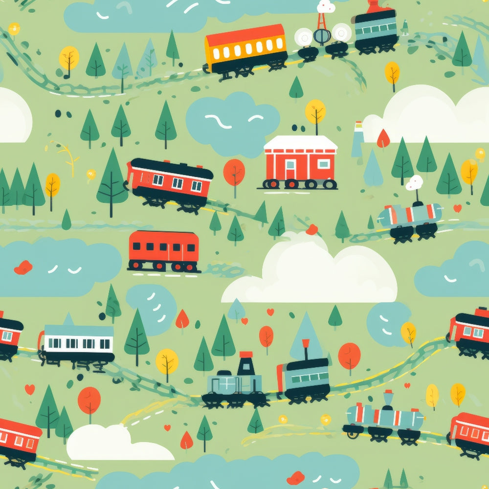 cartoon trains, red trains, green landscape, rolling hills, fluffy white clouds, blue clouds, colorful trees, railway tracks, locomotives, passenger cars, whimsical illustration, children's pattern, quilting cotton, fabric panel, playful design, transportation theme, bright colors, yellow accents, orange details, cheerful mood