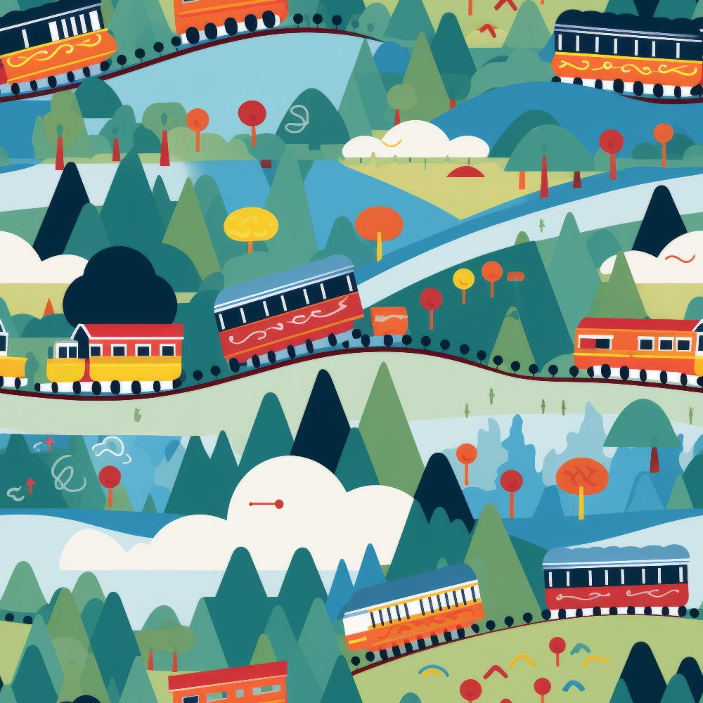 trains, cartoon style, colorful landscape, green hills, blue rivers, red locomotives, orange cars, yellow trees, mountains, bridges, whimsical illustration, transportation theme, quilting cotton, fabric panel, playful design, geometric trees, rolling hills, railway tracks, children's fabric, bright colors
