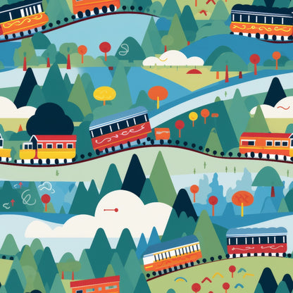 trains, cartoon style, colorful landscape, green hills, blue rivers, red locomotives, orange cars, yellow trees, mountains, bridges, whimsical illustration, transportation theme, quilting cotton, fabric panel, playful design, geometric trees, rolling hills, railway tracks, children's fabric, bright colors