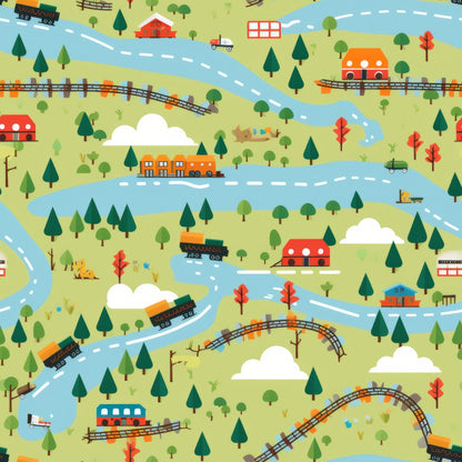 cartoon trains, quilting cotton, fabric panel, bright colors, green landscape, blue rivers, orange locomotives, red houses, railroad tracks, curved bridges, pine trees, whimsical illustration, transportation theme, scenic countryside, playful design, children's motif, winding roads, toy trains, pastoral setting, cheerful pattern
