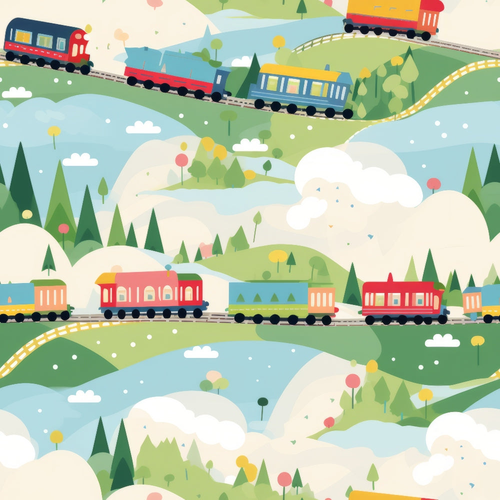 cartoon trains, colorful locomotives, railway tracks, rolling hills, green landscape, blue sky, white clouds, evergreen trees, whimsical illustration, children's pattern, bright colors, red trains, yellow cars, quilting cotton, fabric panel, playful design, transportation theme, scenic countryside, cheerful mood, kid-friendly
