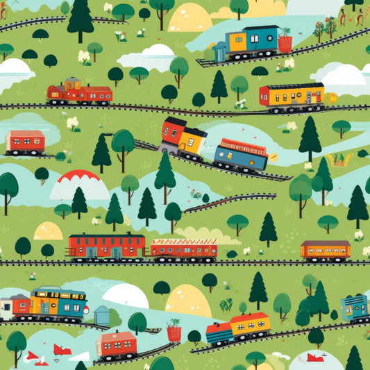 cartoon trains, quilting cotton, fabric panel, green landscape, colorful locomotives, railroad tracks, trees, rolling hills, whimsical illustration, children's design, red trains, yellow trains, blue trains, orange trains, pastoral scene, playful pattern, kid-friendly, transportation theme, bright colors, cheerful mood