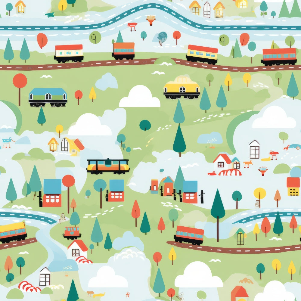 cartoon trains, quilting cotton, fabric panel, green landscape, colorful houses, railroad tracks, whimsical illustration, children's pattern, blue rivers, red roofs, yellow trees, orange locomotives, playful design, rolling hills, white clouds, scenic countryside, transportation theme, bright colors, cheerful mood, cotton fabric