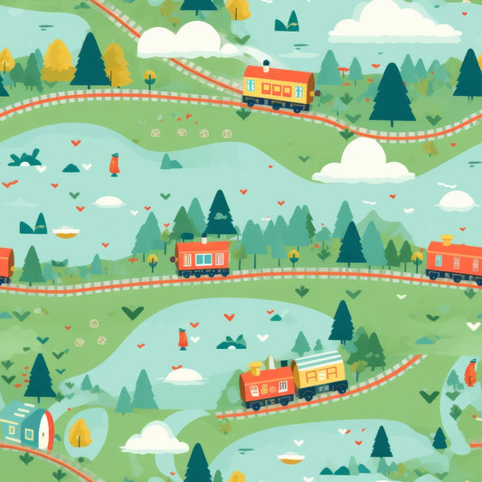 cartoon trains, quilting cotton, fabric panel, whimsical illustration, rolling hills, green landscape, red trains, yellow trees, white clouds, curved railway tracks, evergreen trees, pastoral scene, children's design, playful pattern, turquoise sky, orange locomotive, scenic countryside, cheerful colors, transportation theme, nature elements